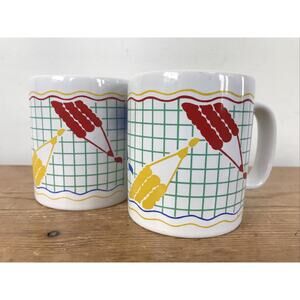 Set Pair 2 Vtg 80s 90s Kiln Craft England Vaporwave Colored Pencil Coffee Mugs